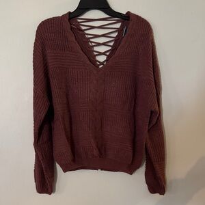Daytrip V-Neck Sweater with Crisscross Back in Brown